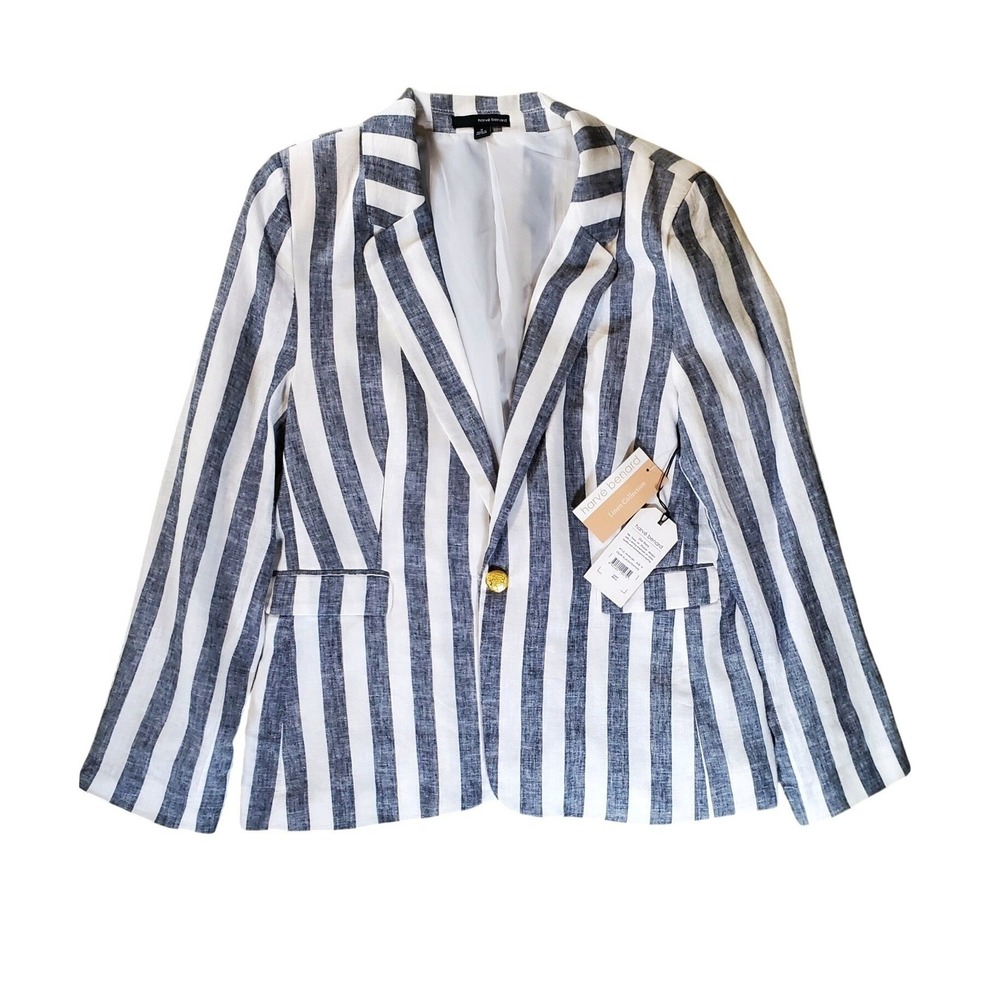 Harve Benard Linen Blend Striped Blazer Navy White Gold Button Size 16 NWT